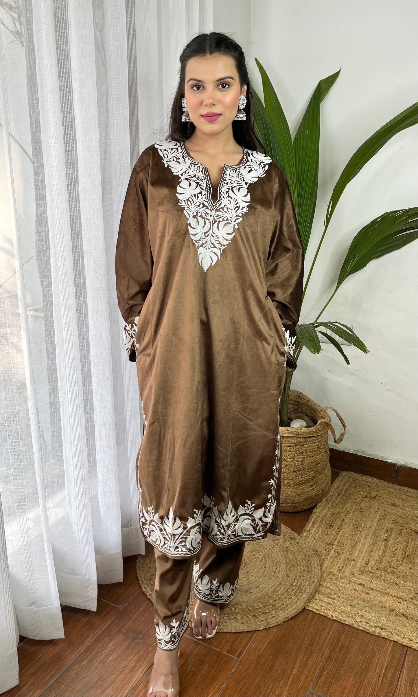 Brown Aari Embroidered Kashmiri Velvet Suit