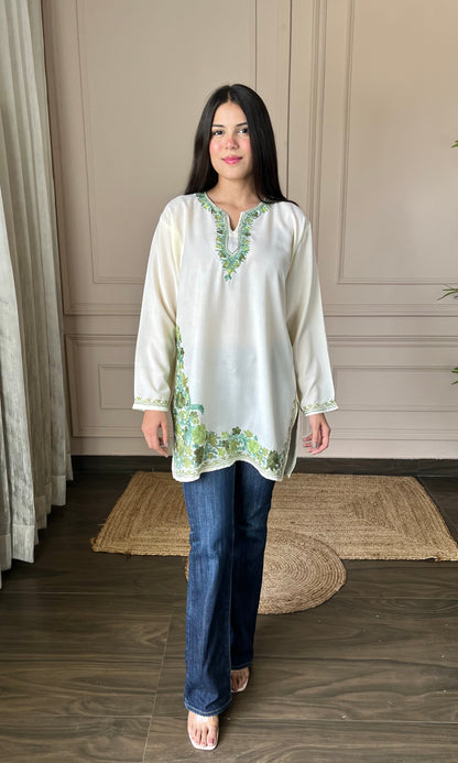 Green Aari Embroidered Off White Short Kurti