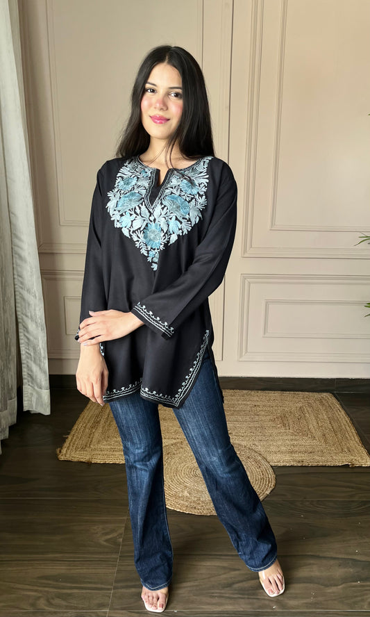 Blue Bliss Aari Embroidered Black Short Kurti