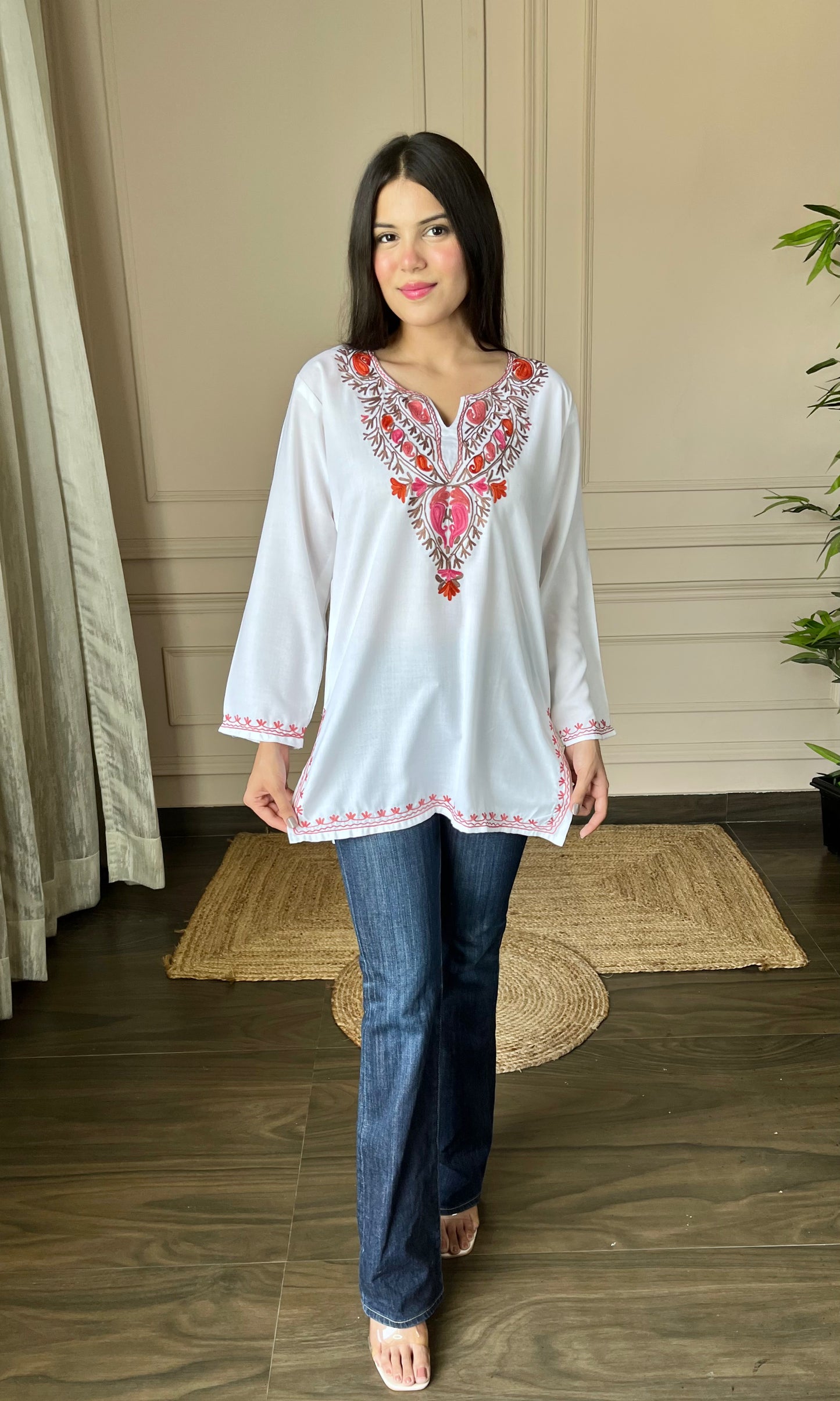 Multicolor Aari Embroidered White Short Kurti