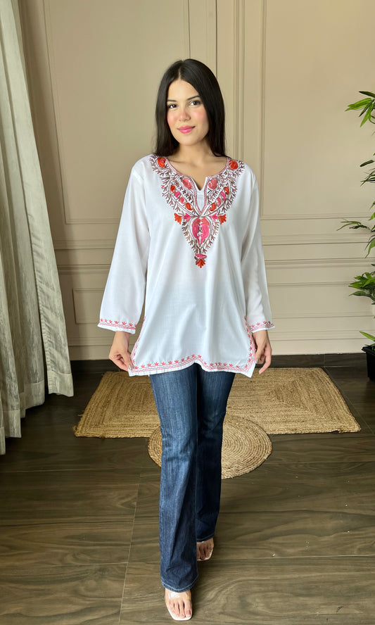 Multicolor Aari Embroidered White Short Kurti