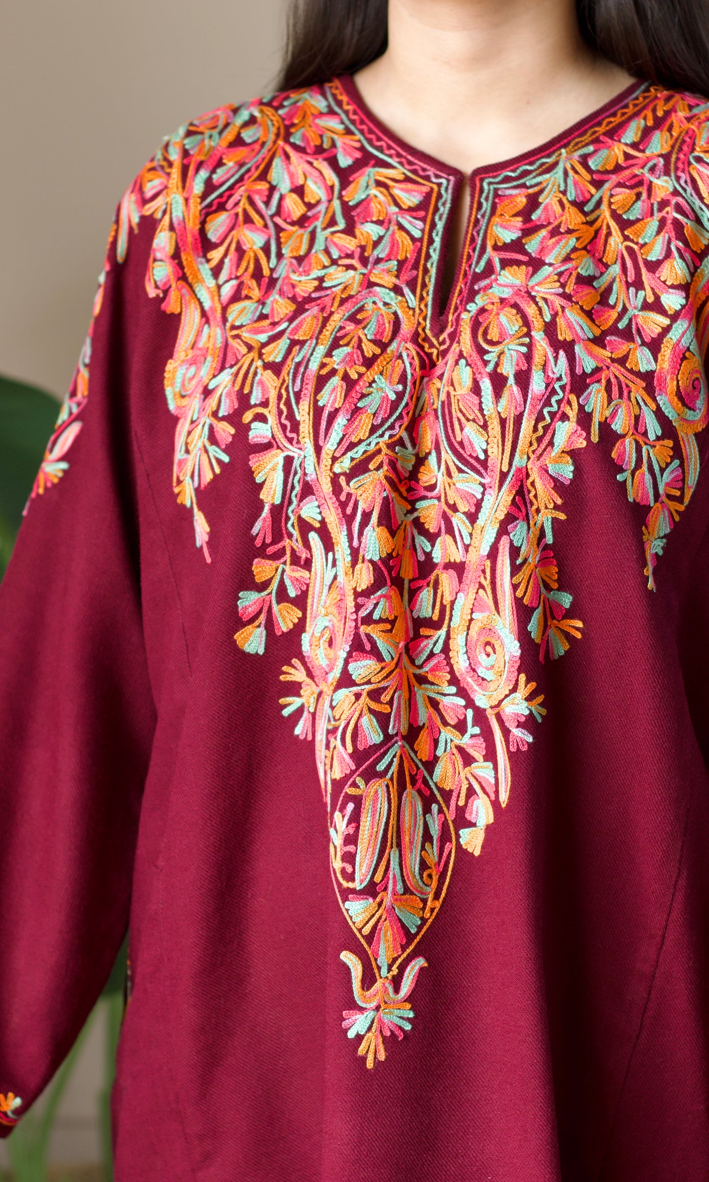 Deep Wine Multi Bloom Aari Embroidered Fine Cashmilon Pheran