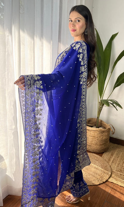 Blue Velvet Suit with Flowing Dupatta