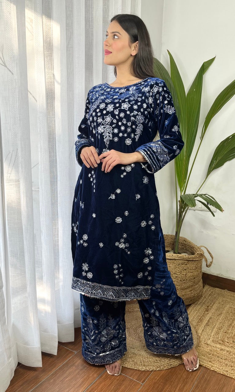 Deep Blue Velvet Suit with Flowing Dupatta