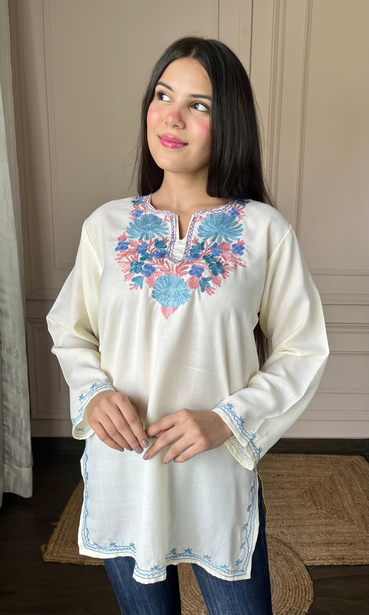 Summer Breeze Aari Embroidered Off White Short Kurti