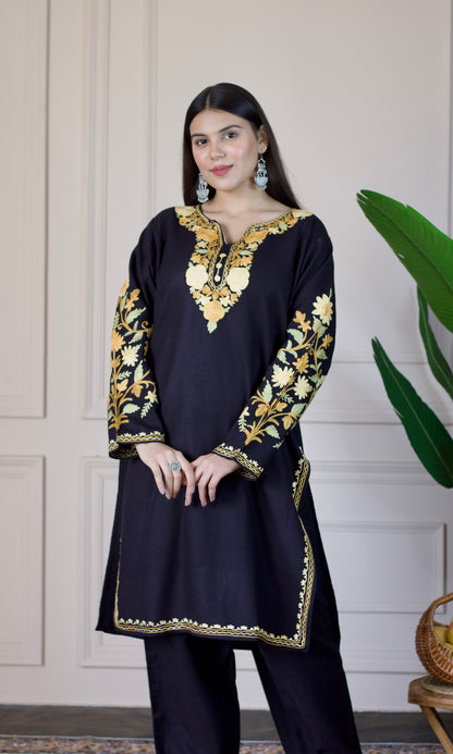 Black Kashmiri Aari Woollen Co-ord Set - Golden Dawn