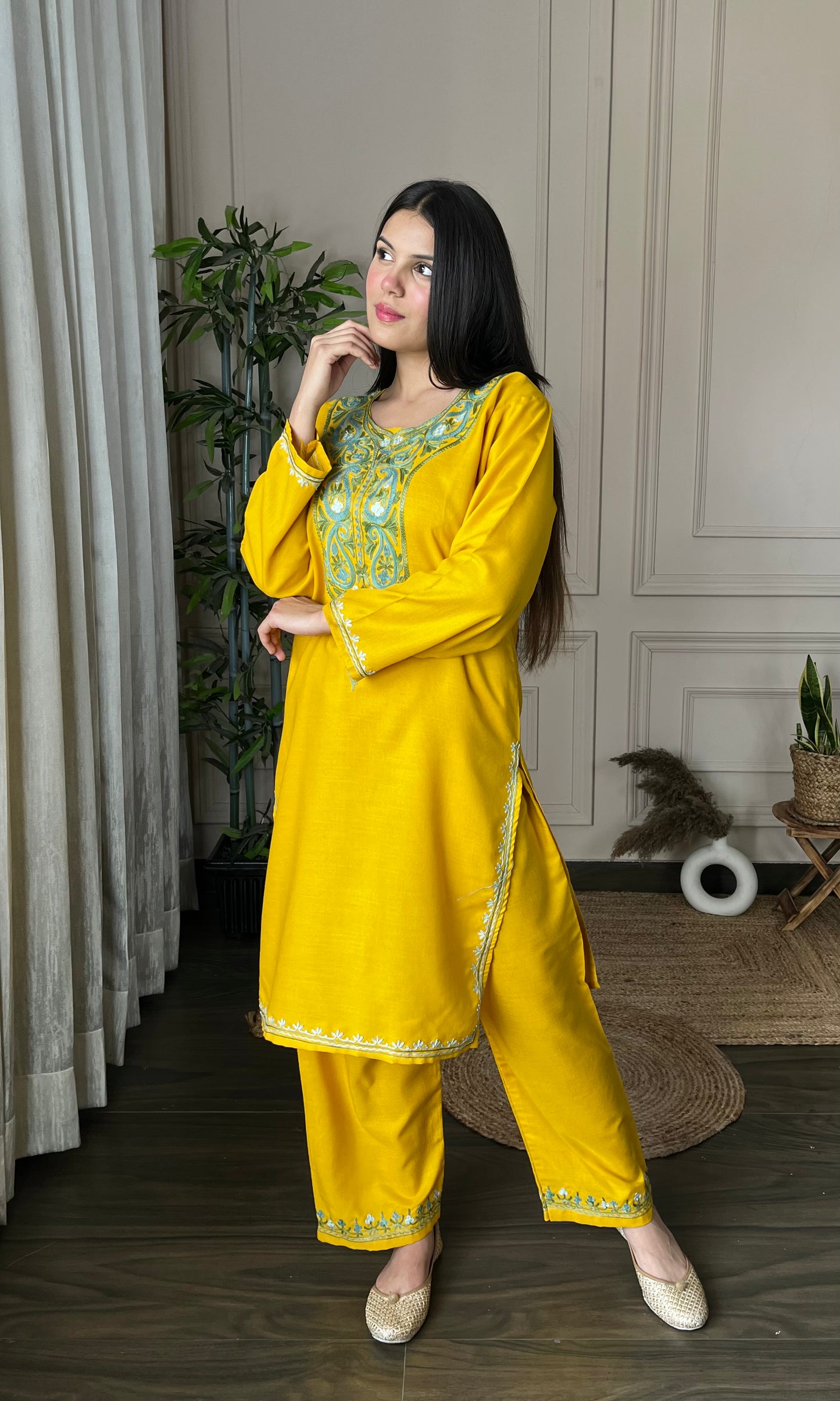 Mustard Aari Embroidered Cotton Co-ord Set