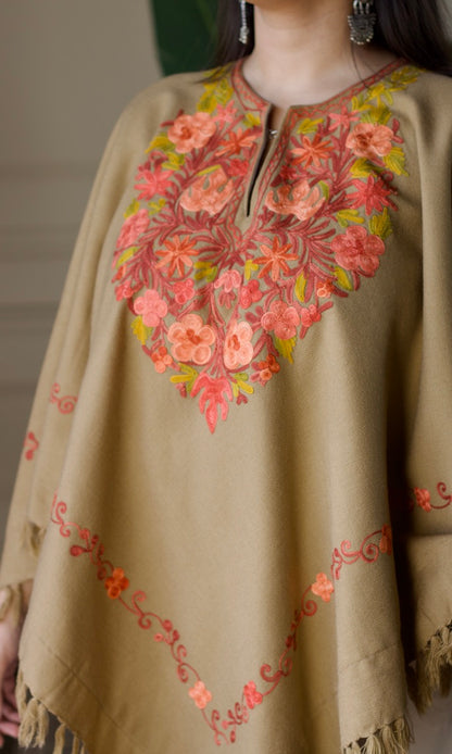 Light Brown Aari Embroidered Fine Cashmilon Poncho