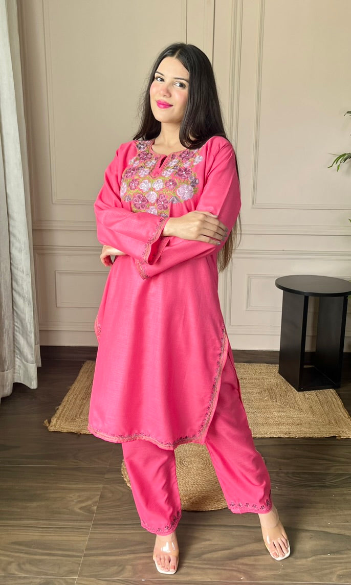 Hot Pink Aari Embroidered Cotton Co-ord Set