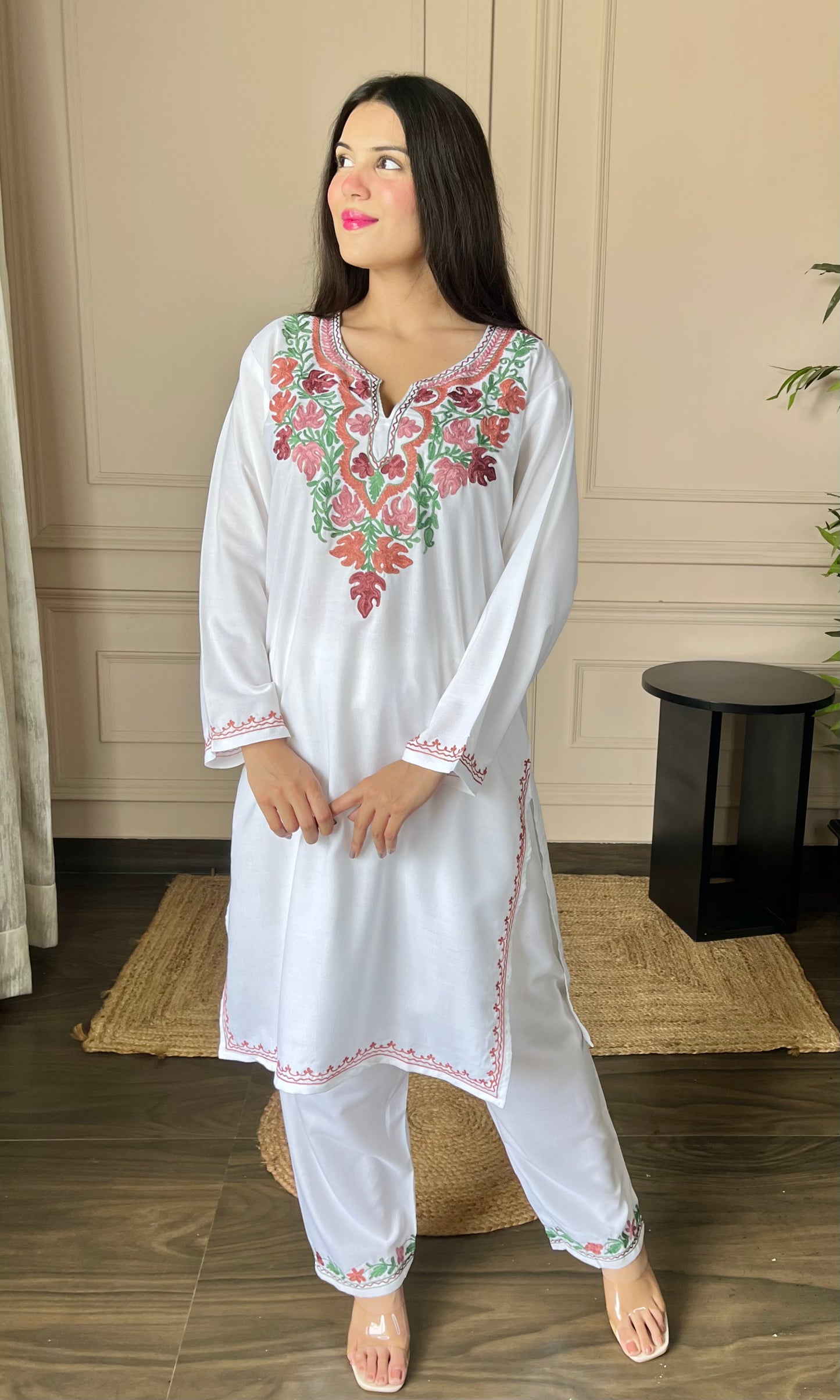 White Cotton Co-ord Set with Delicate Floral Aari Embroidery