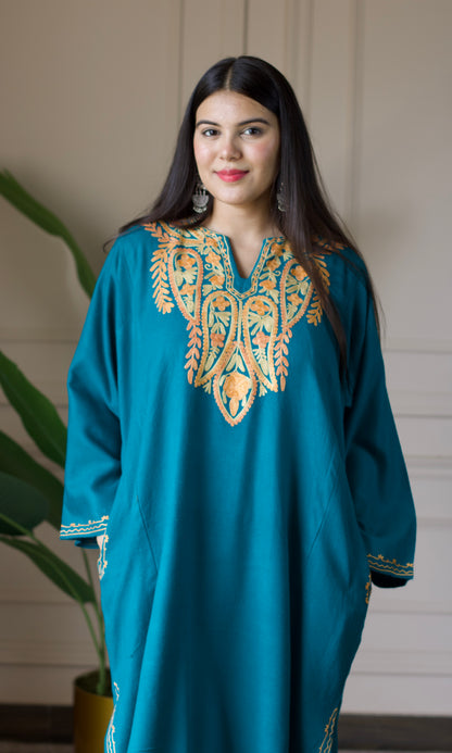 Sea Green Aari Embroidered Fine Cashmilon Pheran