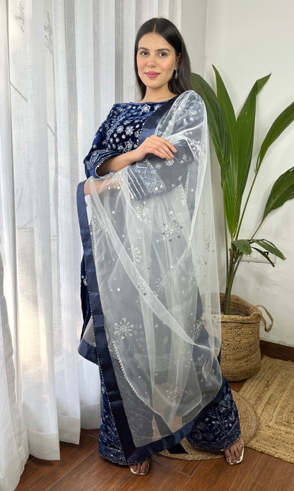 Deep Blue Velvet Suit with Flowing Dupatta