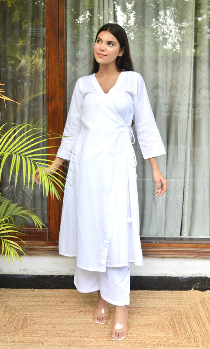 White Cotton Angrakha Kurta with Pants