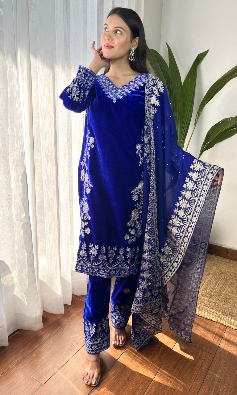 Blue Velvet Suit with Flowing Dupatta