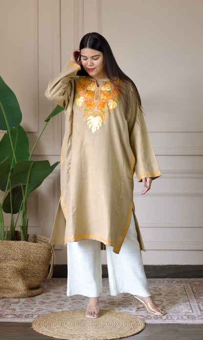 Beige Marigold Aari Embroidered Fine Cashmilon Pheran