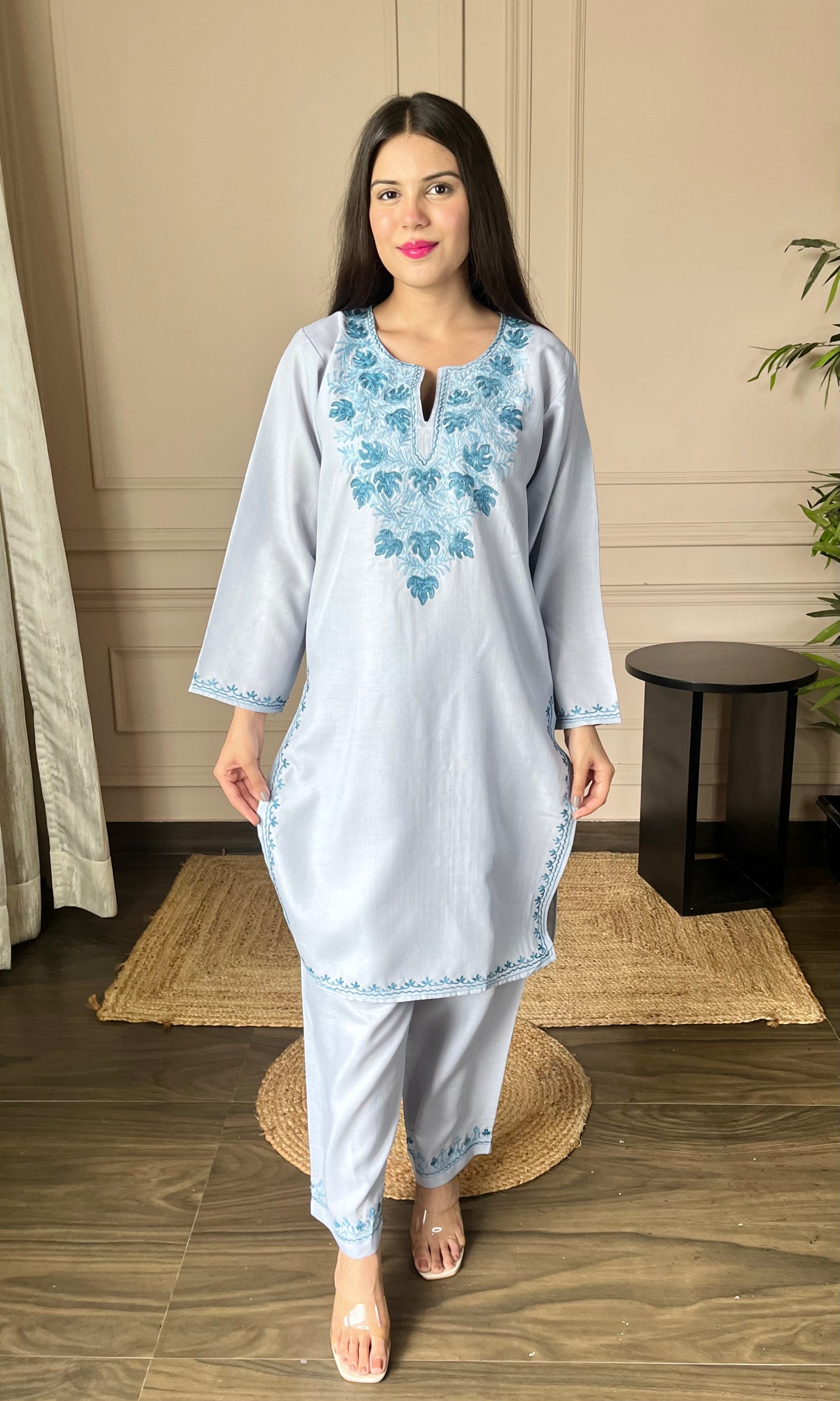 Blue Bliss Aari Embroidered Grey Cotton Co-ord Set