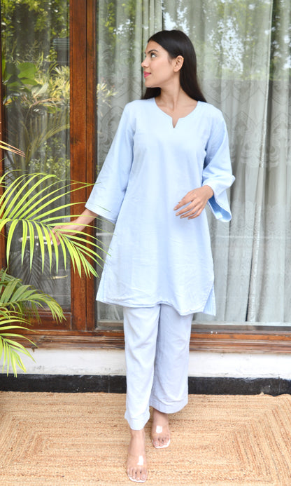 Light Blue Relaxed Fit Co-ord Set with Bell Sleeves