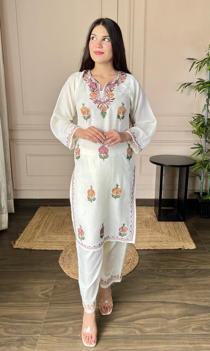 White Aari Embroidered Crushed Cotton Kurti