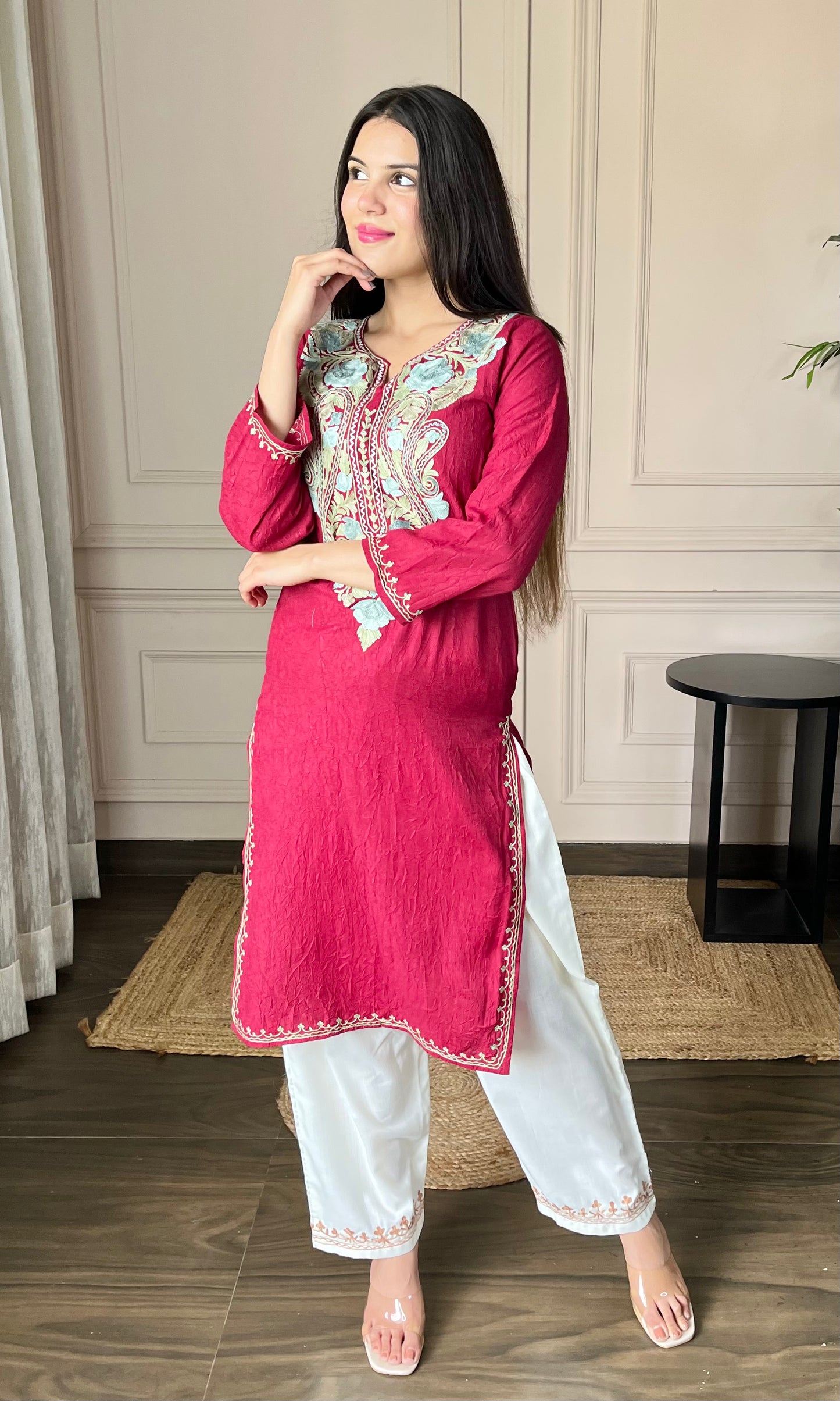 Maroon Aari Embroidered Crushed Cotton Kurti