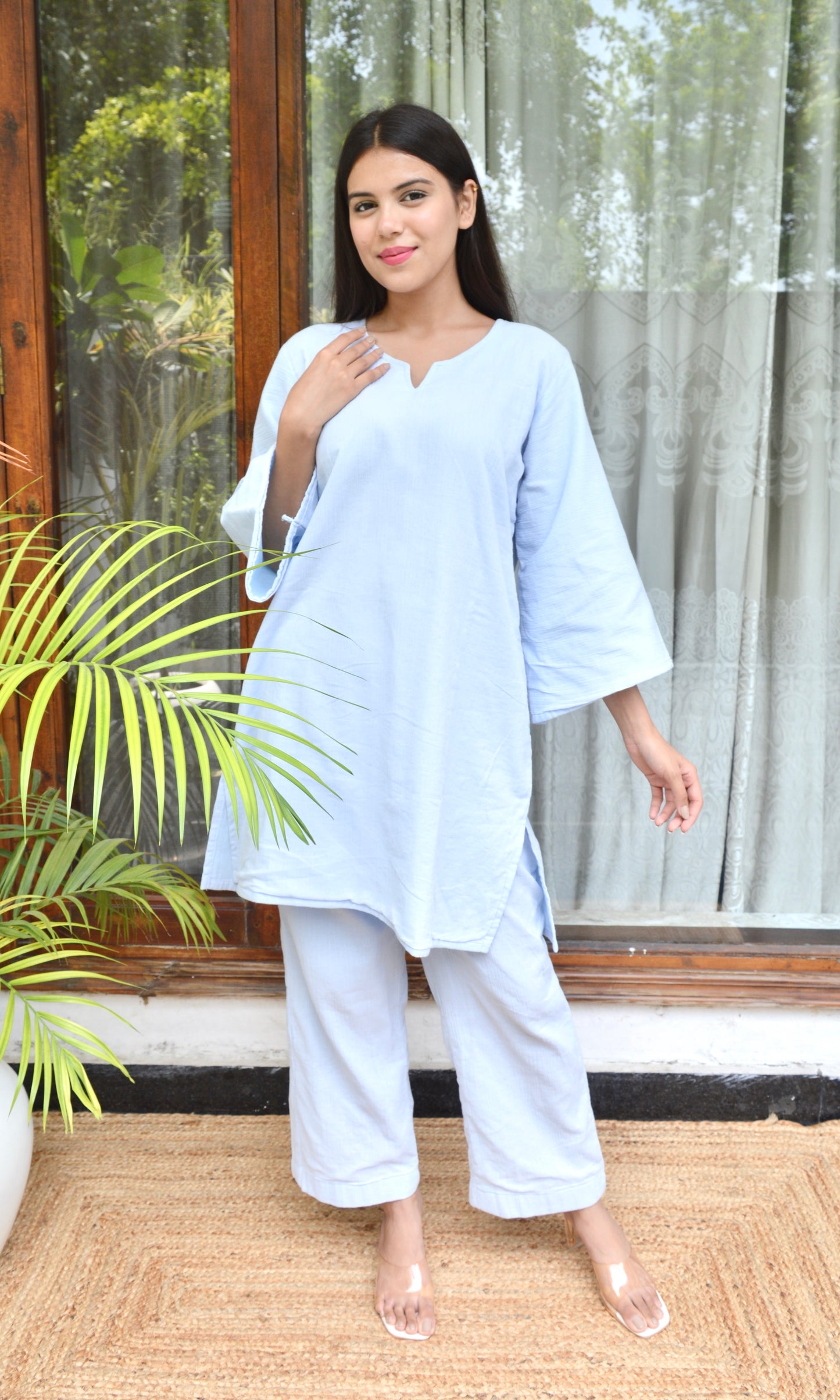 Light Blue Relaxed Fit Co-ord Set with Bell Sleeves