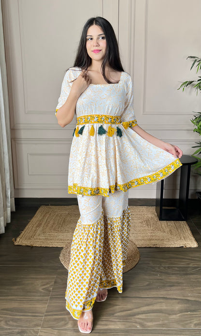 Yellow Printed Cotton Sharara Set With Belt