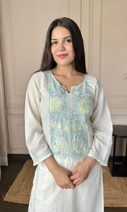 Summer Breeze Aari Embroidered White Crushed Cotton Kurti