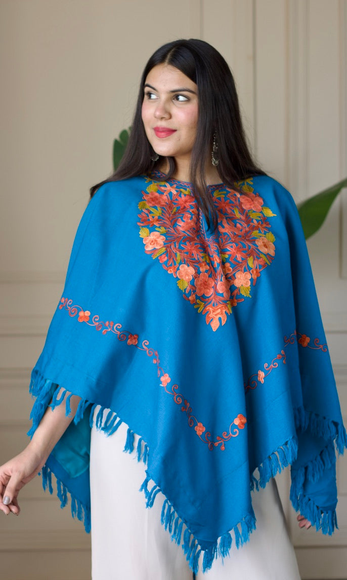 Sky Blue Aari Embroidered Fine Cashmilon Poncho