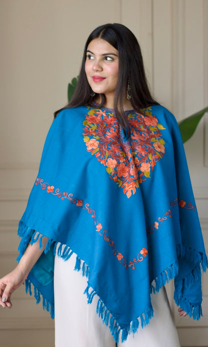Sky Blue Aari Embroidered Fine Cashmilon Poncho
