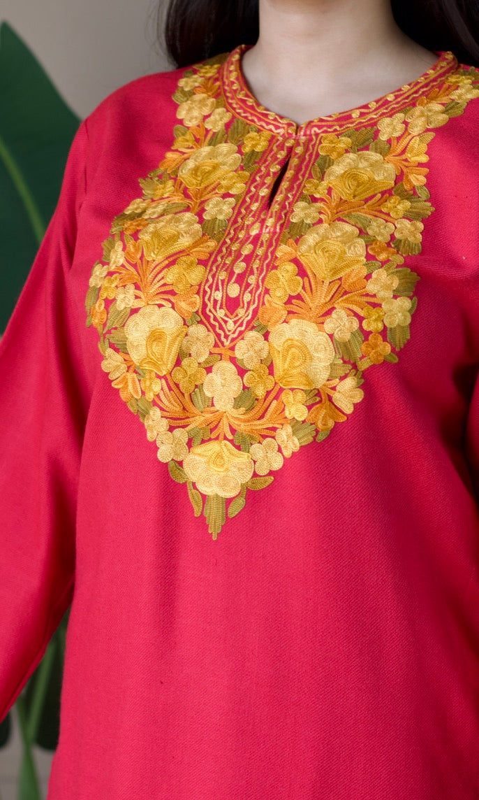 Pink Kashmiri Aari Woollen Co-ord Set - Golden Glow
