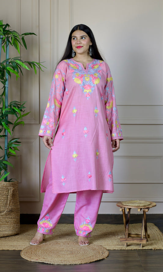 Light Pink Aari Embroidered Cotton Co-ord Set