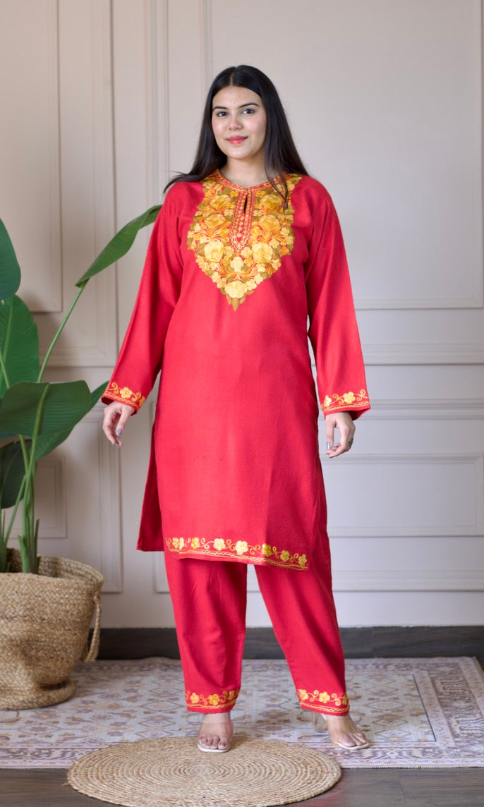 Pink Kashmiri Aari Woollen Co-ord Set - Golden Glow