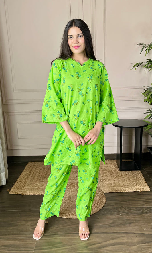 Neon Green Relaxed Fit Cotton Co-ord Set with Bell Sleeves