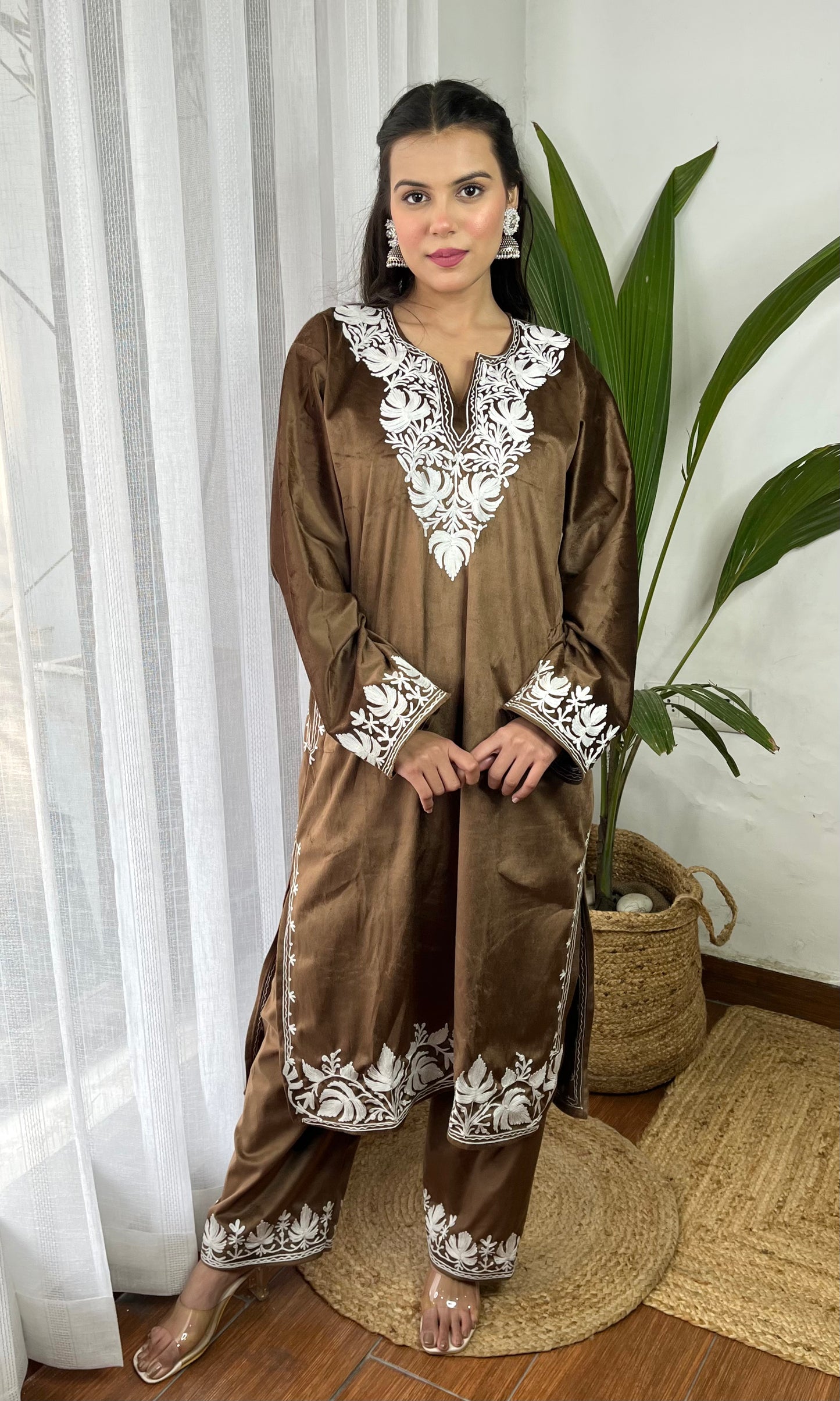 Brown Aari Embroidered Kashmiri Velvet Suit