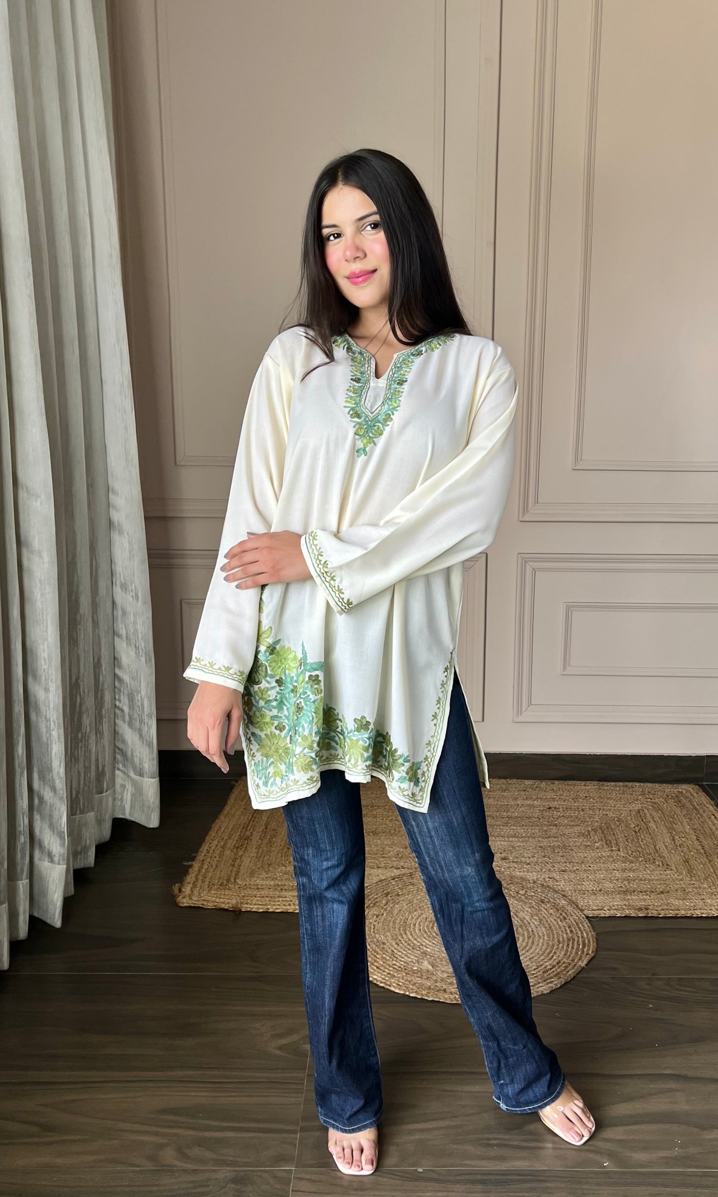 Green Aari Embroidered Off White Short Kurti