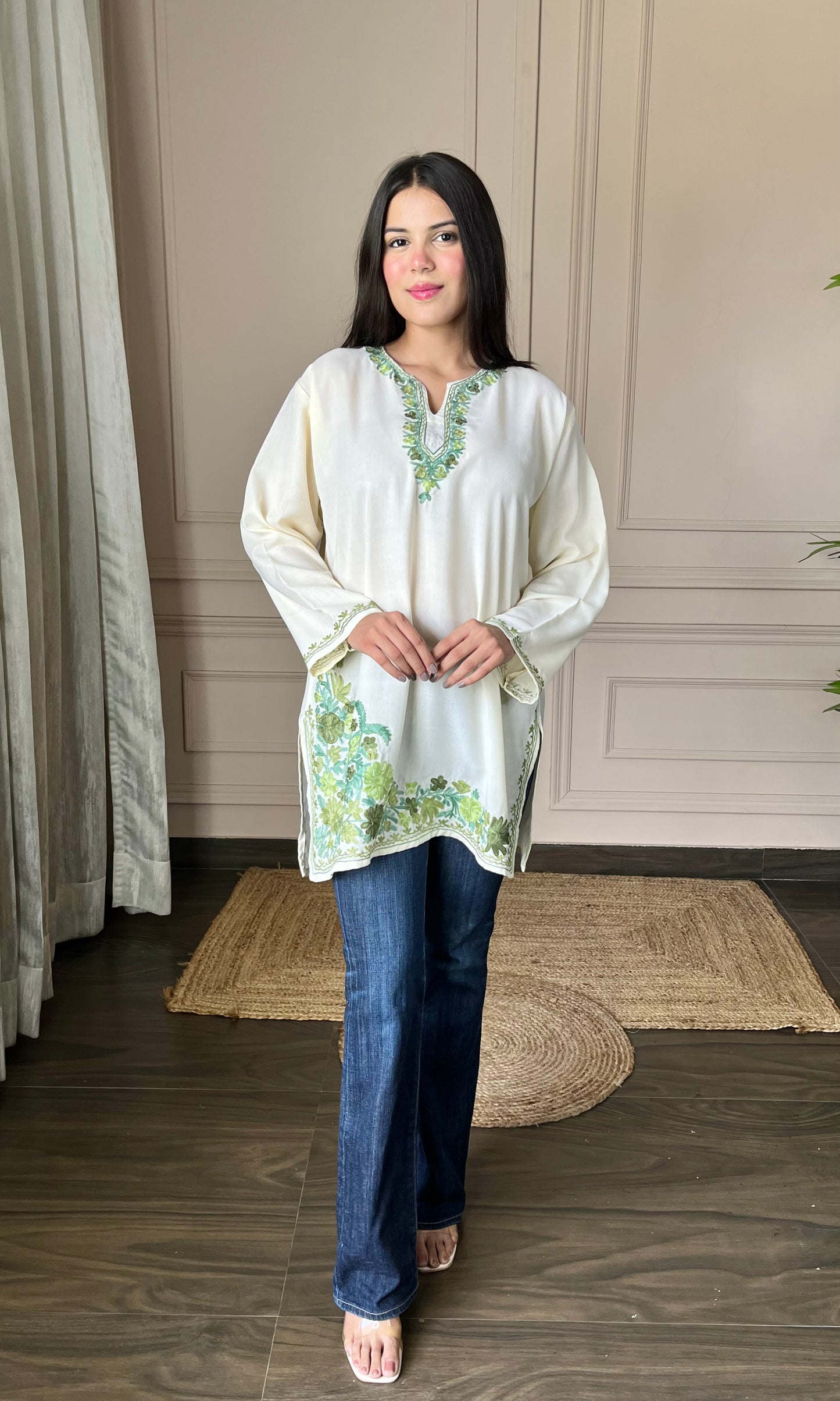 Green Aari Embroidered Off White Short Kurti