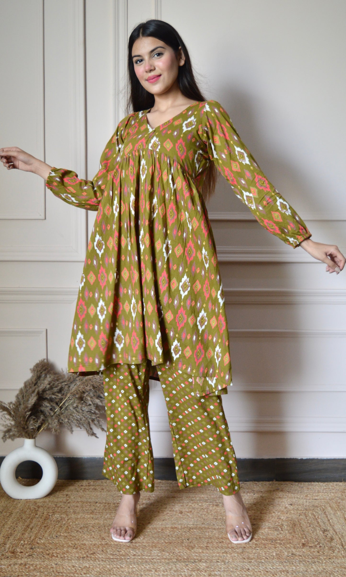 Olive Green Printed Flared Kurta with Pants