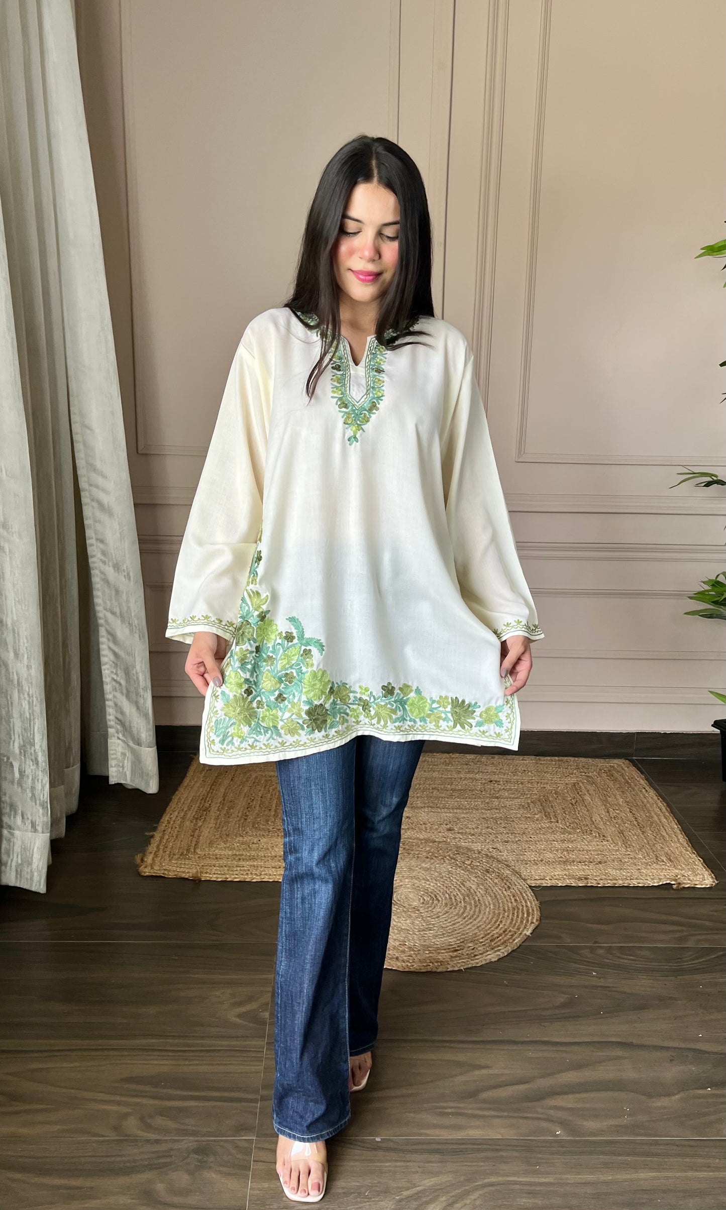 Green Aari Embroidered Off White Short Kurti