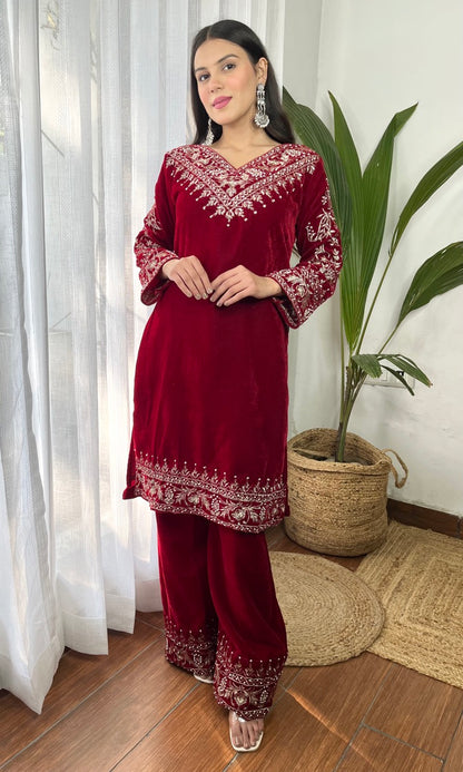 Red Velvet Suit with Flowing Dupatta