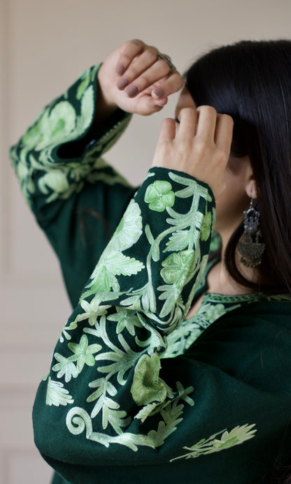 Dark Green Aari Embroidered Wool Pheran