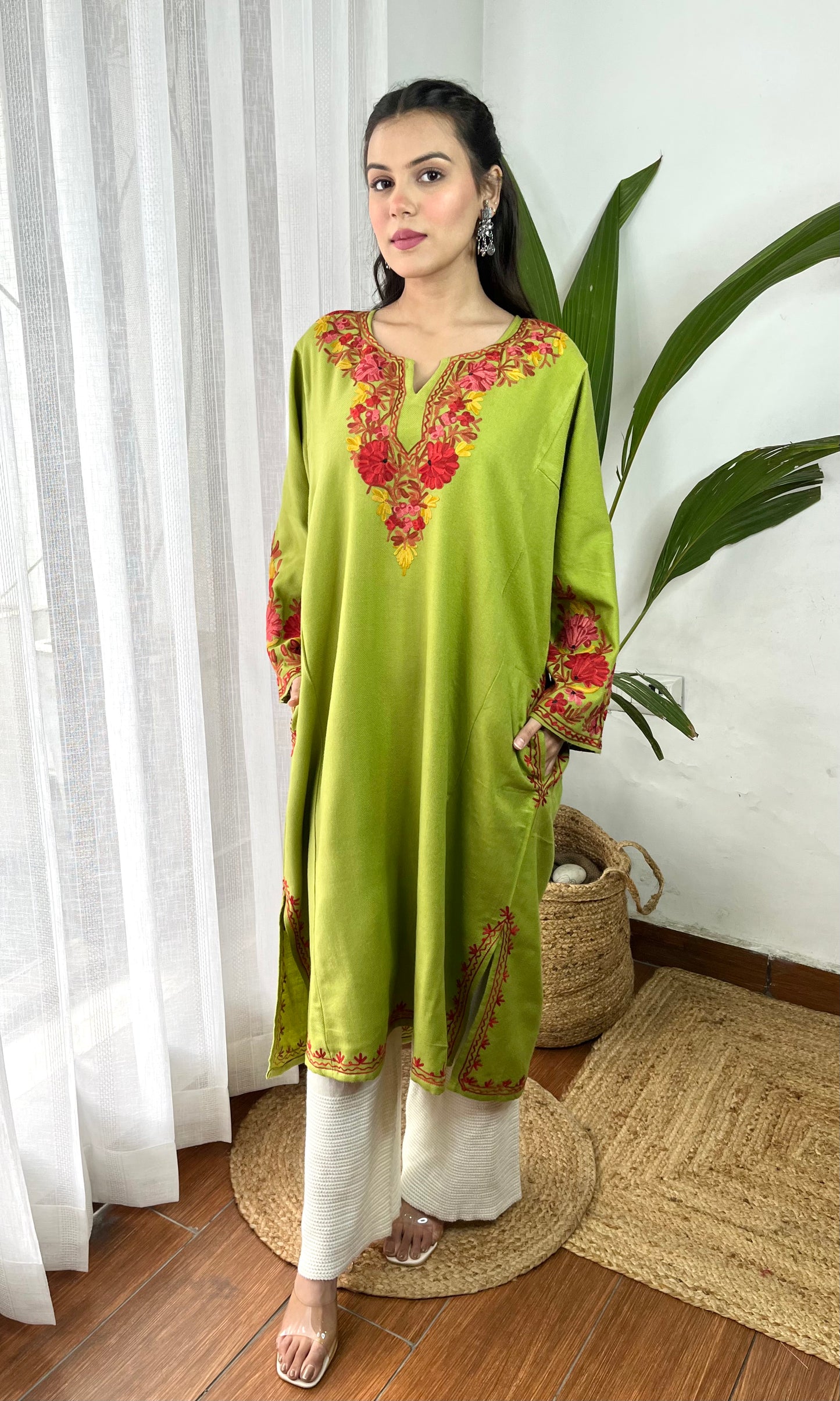 Parrot Green Bliss Pink Aari Embroidered Fine Cashmilon Pheran