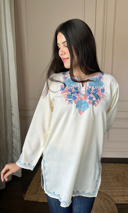 Summer Breeze Aari Embroidered Off White Short Kurti