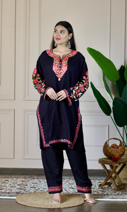 Black Kashmiri Aari Woollen Co-ord Set - Blush Bloom