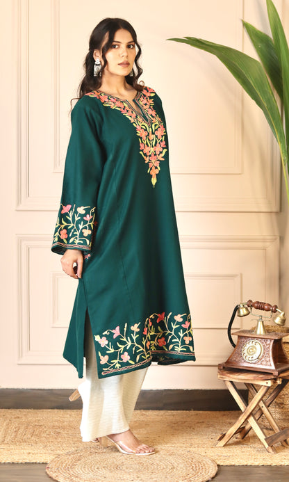 Bottle Green Aari Embroidered Fine Cashmilon Pheran