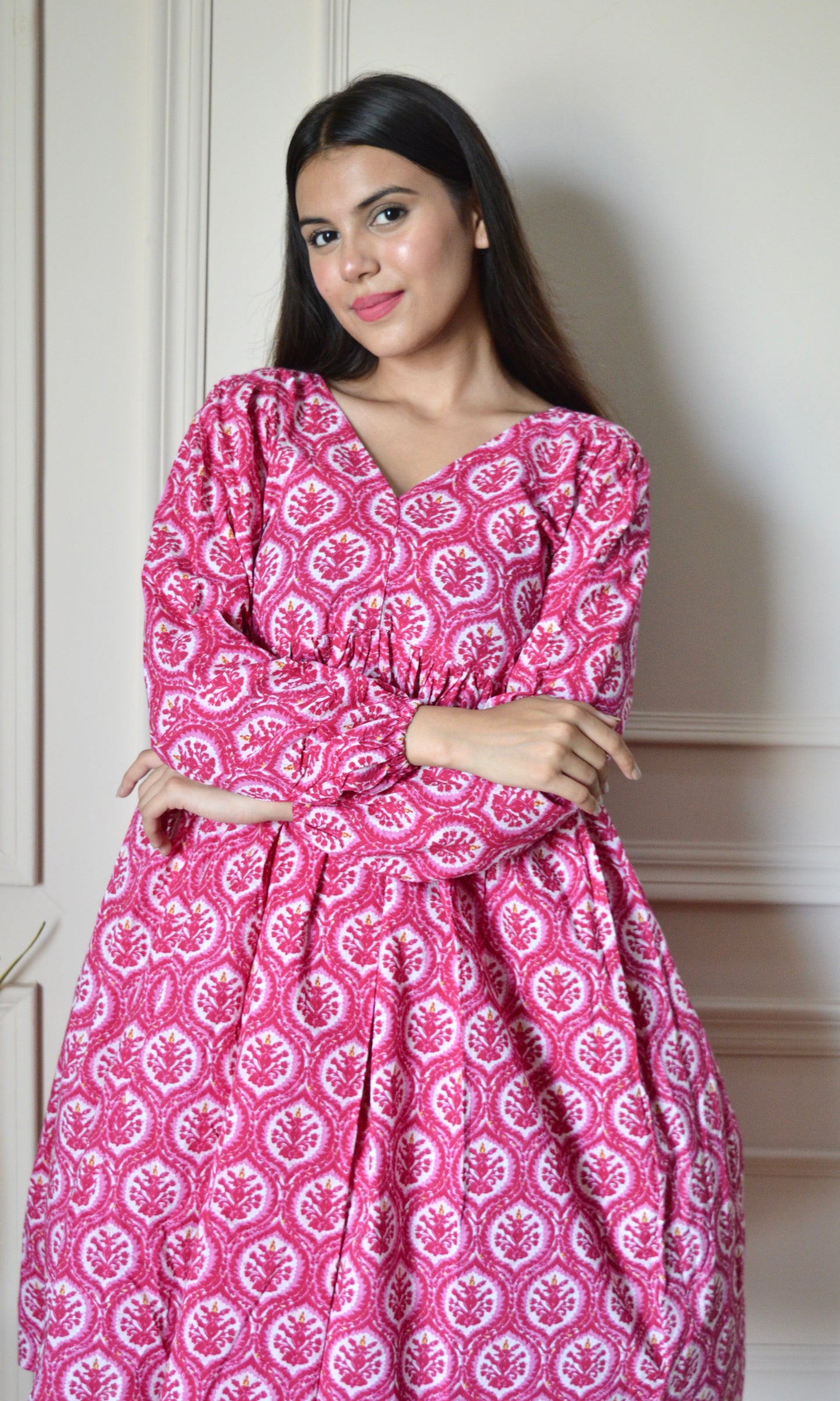 Pink Printed Flared Kurta with Pants