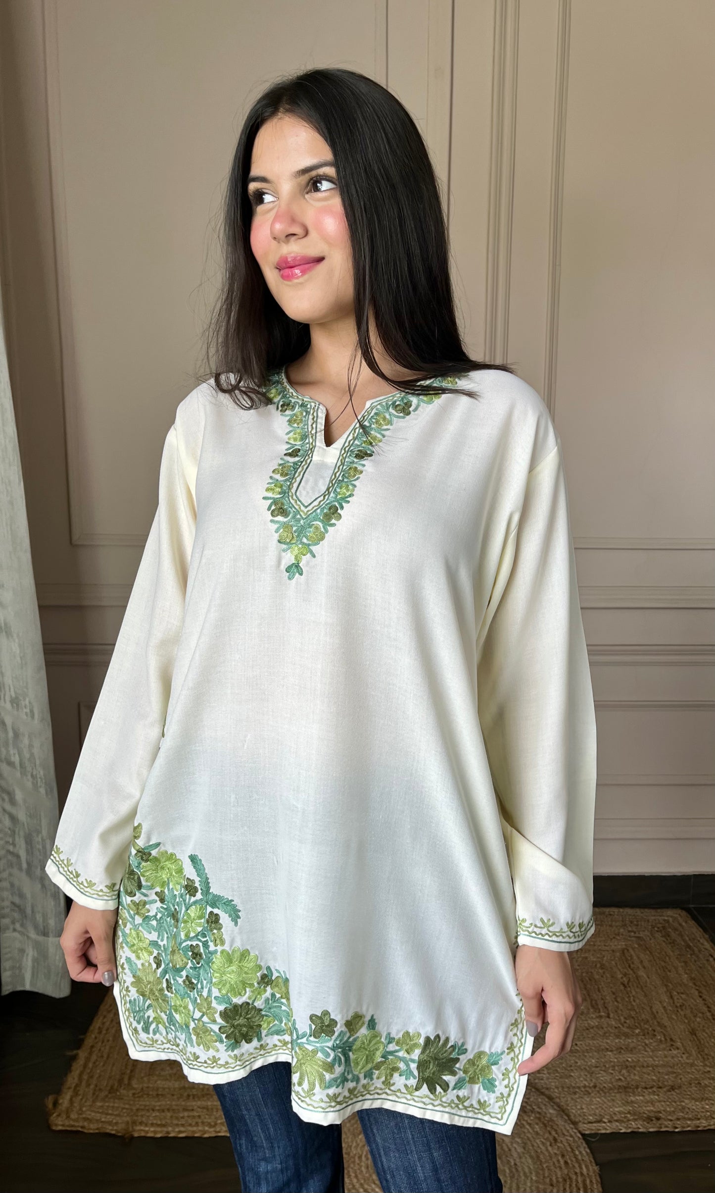 Green Aari Embroidered Off White Short Kurti