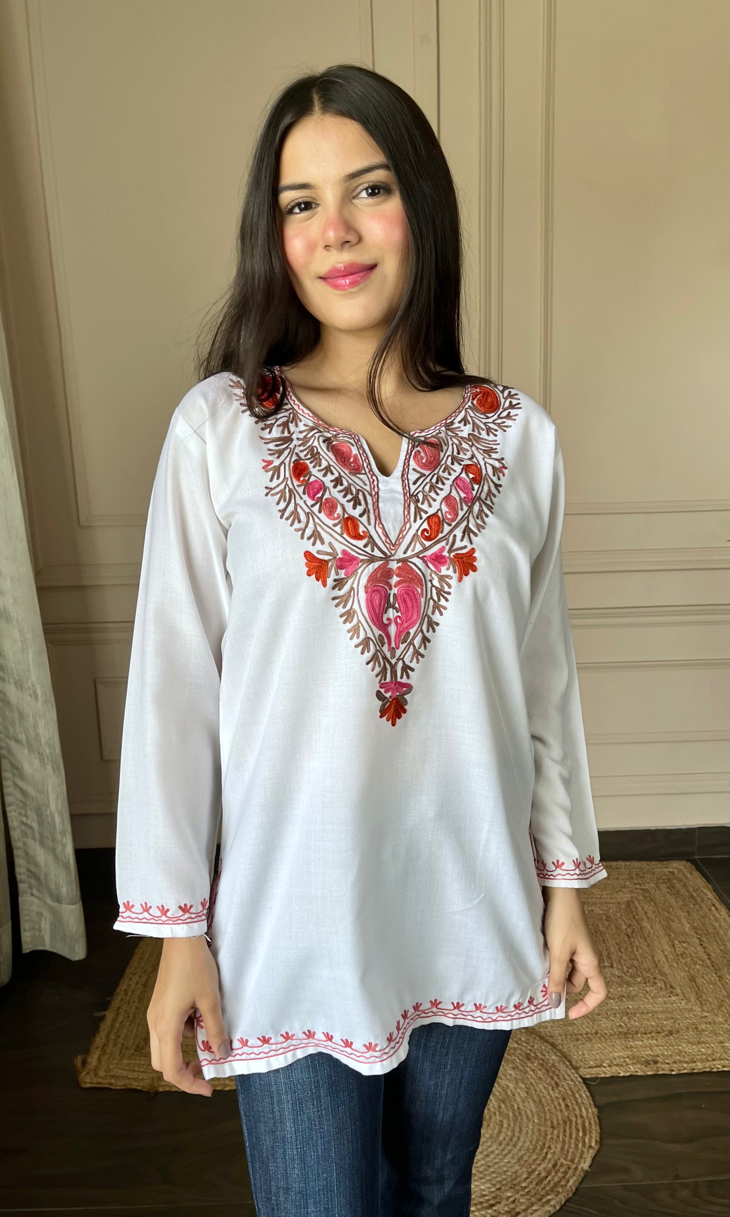 Multicolor Aari Embroidered White Short Kurti