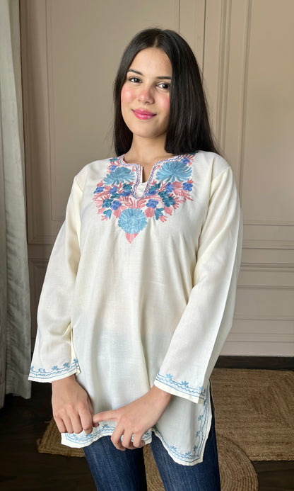 Summer Breeze Aari Embroidered Off White Short Kurti