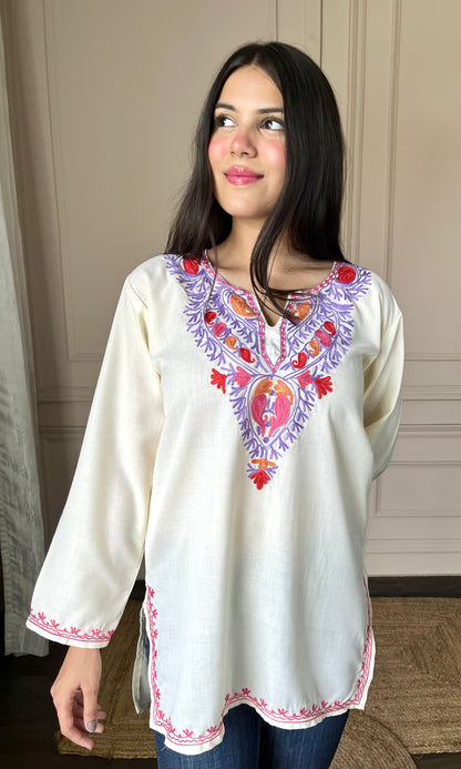 Off White Short Kurti with Vibrant Aari Embroidery