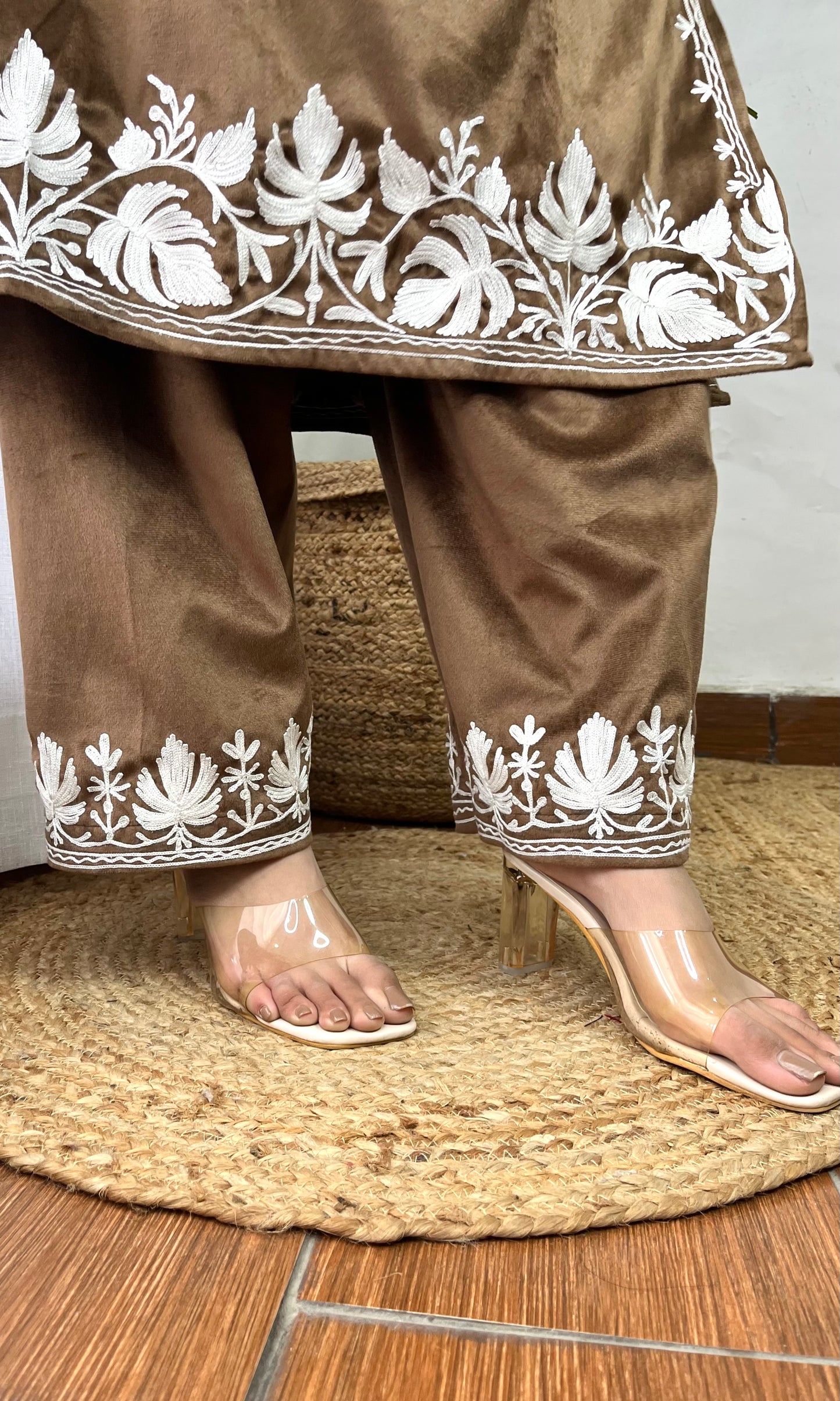 Brown Aari Embroidered Kashmiri Velvet Suit