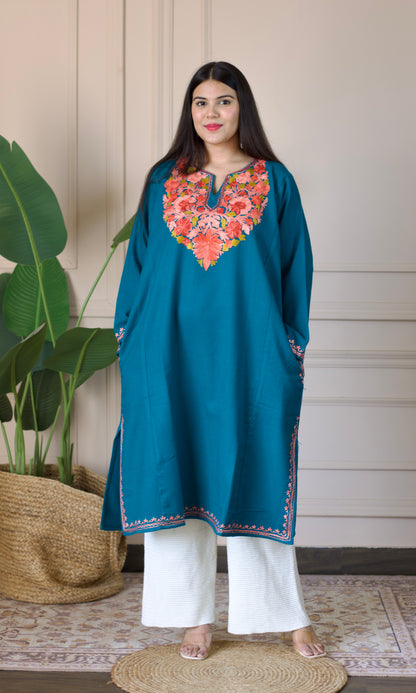 Sea Green Blossom Aari Embroidered Fine Cashmilon Pheran